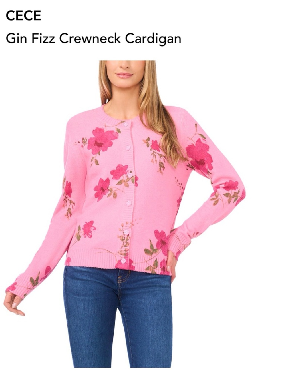 CeCe Pink Floral Crewneck Cardigan with Fuchsia Blooms